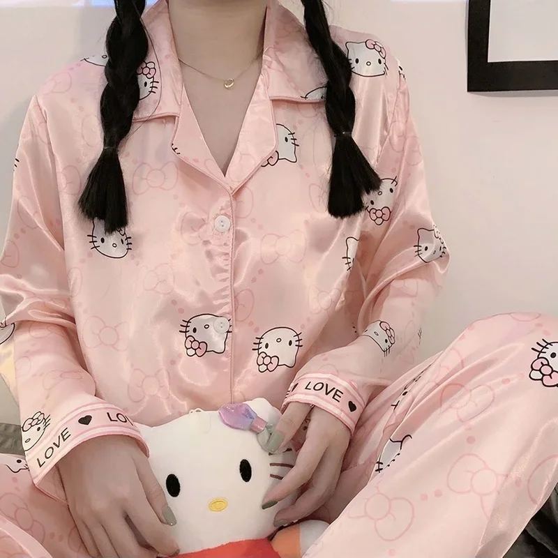 Hello Kitty Pajama Set Long Sleeve Trousers Autumn Silk Student Dormitory Home Clothes Soft Comfortable Cartoon Anima Cute Girls