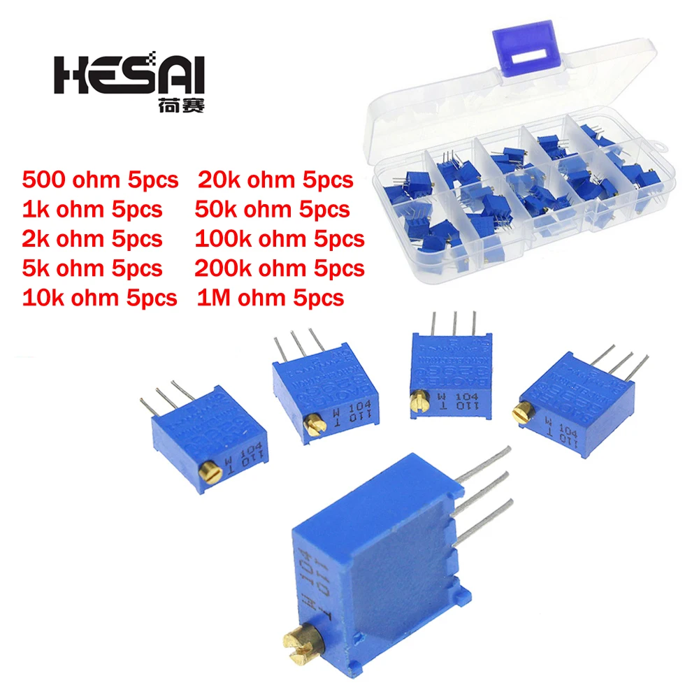 

50PCS 3296W Multiturn Trimmer Potentiometer Kit High Precision 3296 Variable Resistor 500R 1K 2K 5K 10K 20K 50K 100K 200K 1M