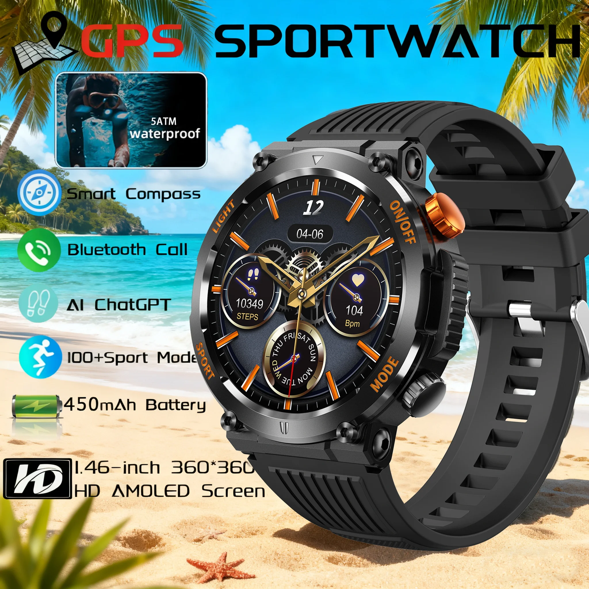 

2025 NEW 1.46-inch Outdoor Military Smart Watch 5ATM Waterproof Bulit-in GPS Compass Altimeter Barometric HD Call Smartwatch Men