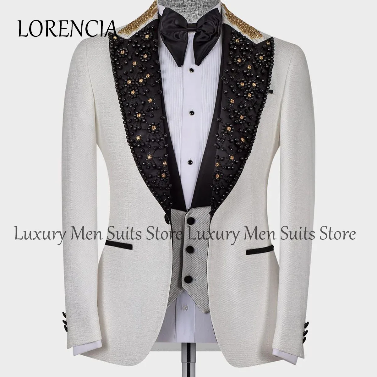 Sparkly Formal Suits Men For Wedding Black Pearls Beaded Blazer 2 Pieces Sets Custom Made Black Peaked Lapel Jacket Pants