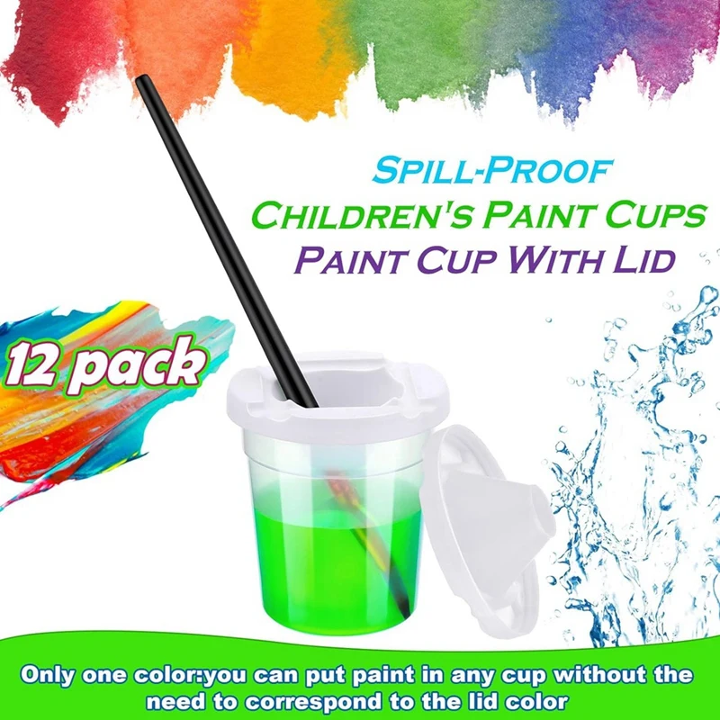 12 Pack No Spill White Lid Paint Cups Spill Proof Paint Cups Reusable Paint Cups With Lids For Kids, School, Classroom