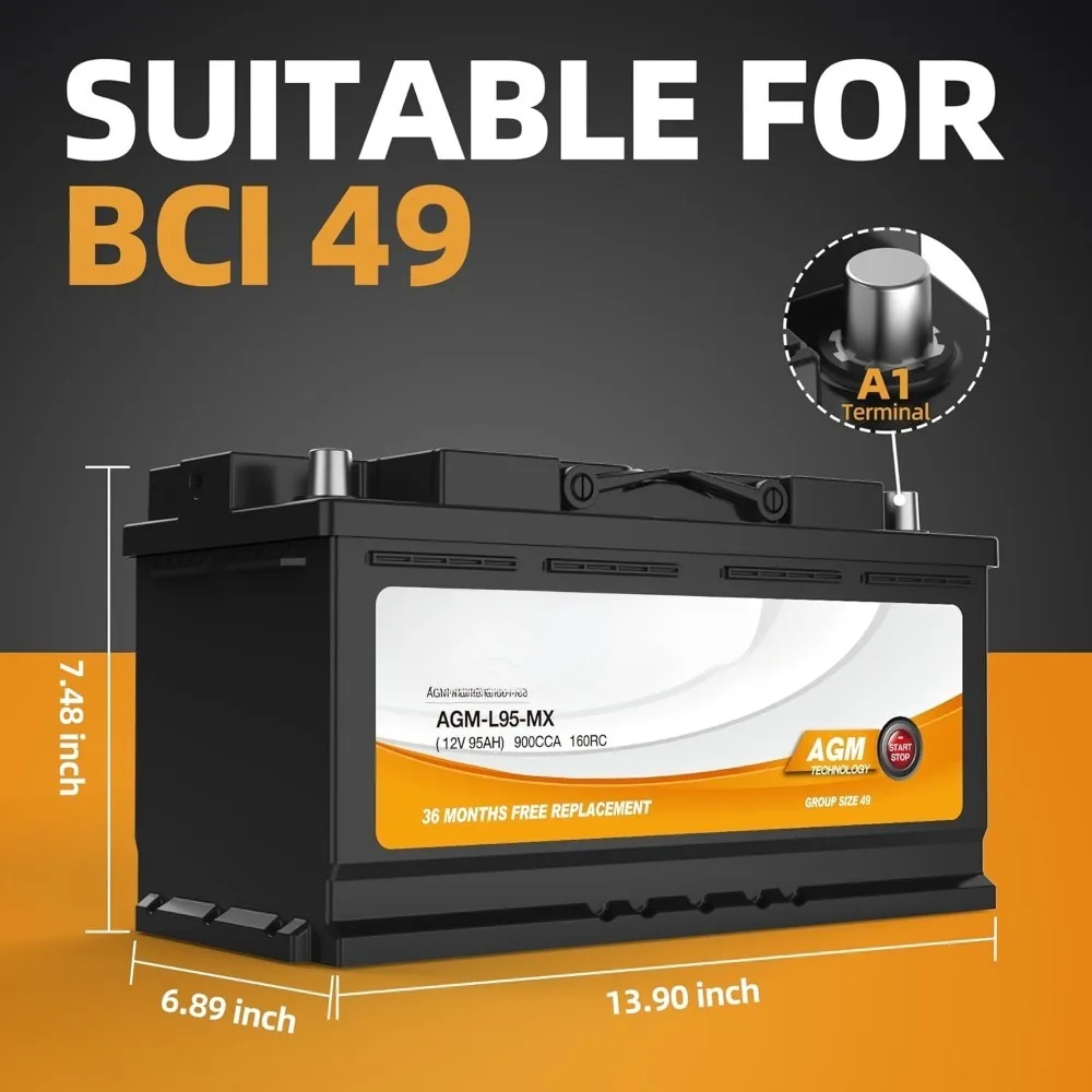Grup 49 H8 L5 Baterai Mobil Mulai dan Berhenti 12V 95AH 900CCA AGM BCI49 Baterai Pengganti Otomotif Gratis Perawatan