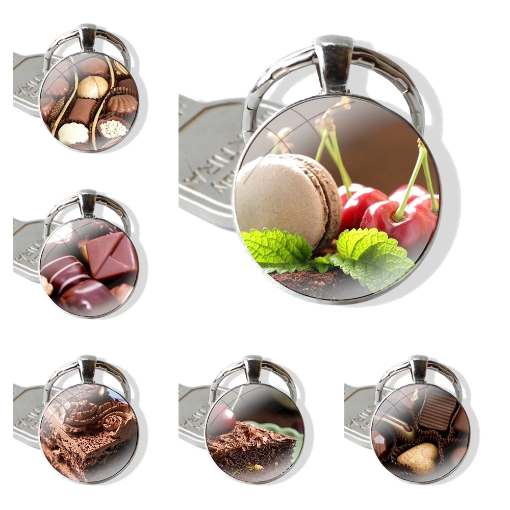 Chocolate Cake Keychain Handmade Glass Cabochon Key Ring Holder Pendant Key Chains