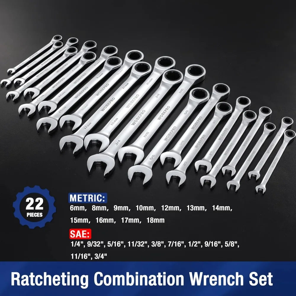 22-Piece Ratcheting Combination Wrench Set,72 Teeth,Combo Ratchet Wrenches Set with Organizer Box, Metric 6-18mm & SAE 1/4-3/4"