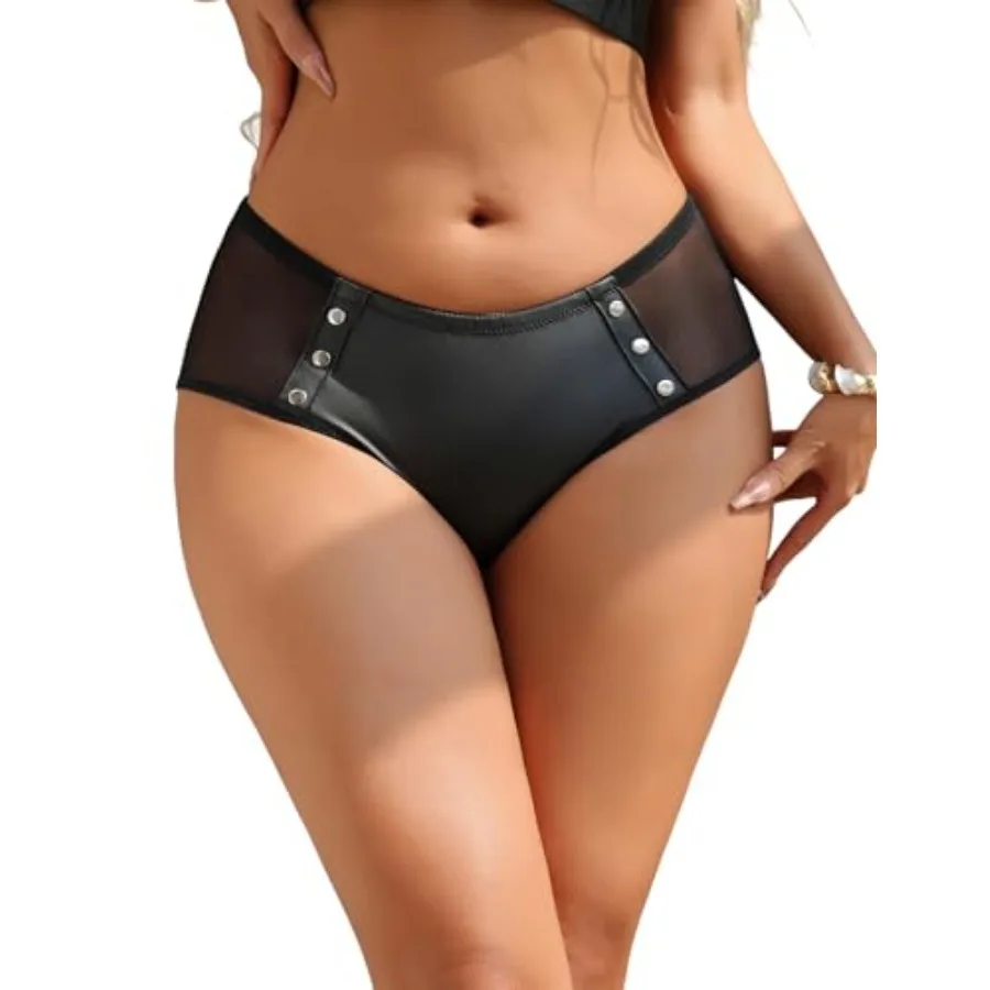 

comeondear Women Faux Leather Underwear Panties with Punk Rivet Sexy Mesh Back Boyshorts Plus Size Leather Cheeky Briefs