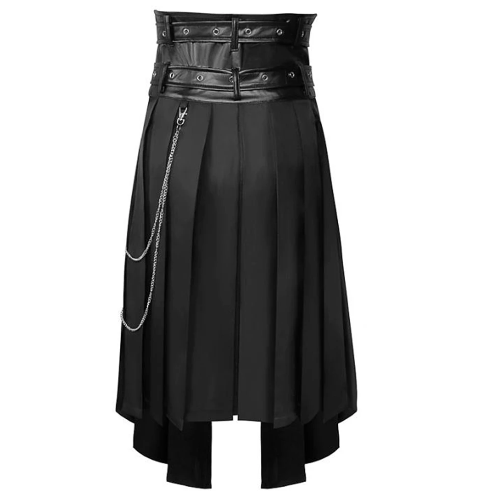 Punk Pleated Skirt Open Front Men\'s Gothic Leather Belt Medieval Roman Warrior Kilt Metal Stylish Clothing