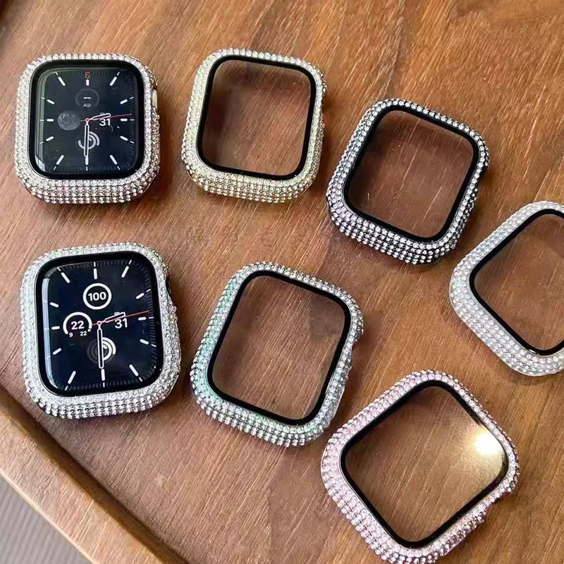 Diamond Cover For Apple watch Case 45mm 41mm 44mm 40mm 42mm 38mm Bling Bumper Screen Protector Glass iWatch serie 9 7 3 8 5 6 se