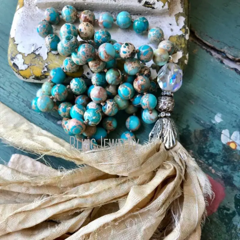 NM14534 Blue Sea Sediment Jasper Turquoise Southwest Boho Glam Sari Silk Tassel Necklace Summer Fashion Jewelry for Women