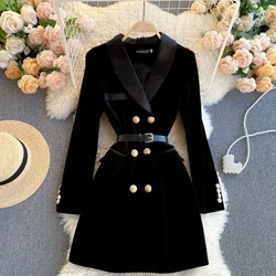 Chic Notched Neck Elegant Double Breasted Slim Sashes Dress High Street Women Vintage Korean Office Lady Autumn Winter Clothing