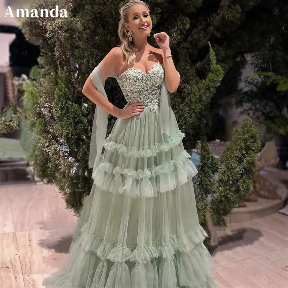 

Amanda Elegant Strapless A-line Party Dresses Lace Multilayer Vestidos De Fiesta Sexy Green Vestidos De Fiestas Elegantes Mujer