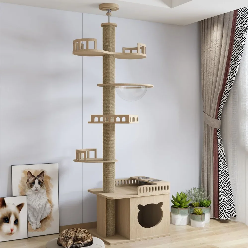 

Solid Wood Cat Tree House With Climbing Frame Scratching Pet Activity Center With Condo Wooden House Multifunction Cat Furniture