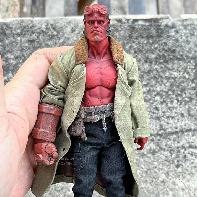 Cabeza de Hellboy esculpida a escala 1/12, superhéroe rojo, cabeza de soldado para hombres, tallada, cuerpo de figura de acción Mezco de 6 pulgadas