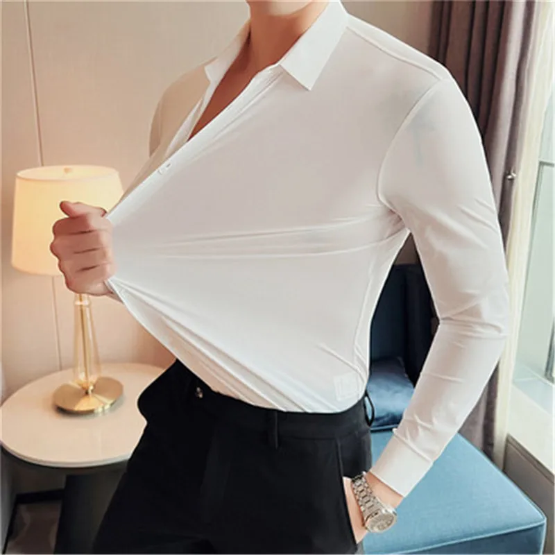 

Luxury Men Shirt High Stretch Korea Style Shirts Slim Fit Design Casual Blouse Man Chemise Homme 4XL Camisa Masculina 5 Colors