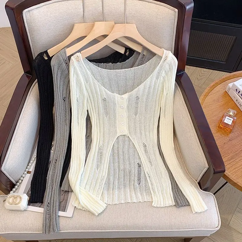 

Cardigan Women Hollow Out Summer Sunscreen Ins Temperament Knit Thin Breathable Elegant Korean Fashion V-neck Sun-proof Harajuku