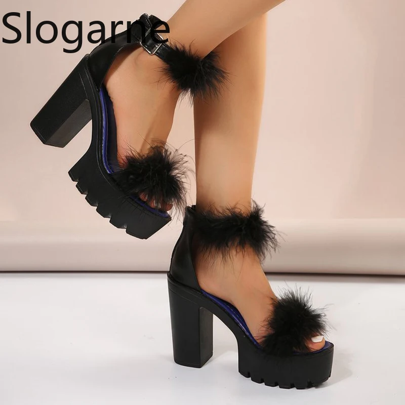 Women 2026 New Fur Sandals Thick Heels Fluffy Faux Fox Fur Shoes Women Summer High Heels Furry Pumps Fur Slippers Platform Shoes view 3