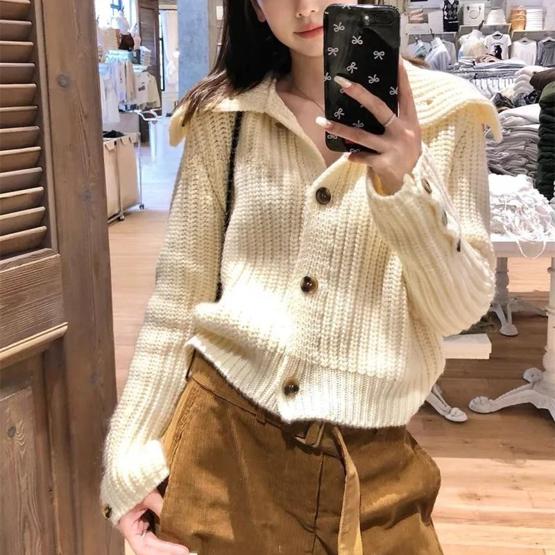 

Korean Style Fashion Winter Long Sleeve Women Turn-down Collar Sweater Autumn Solid Color Elegant Button Loose Knitted Top