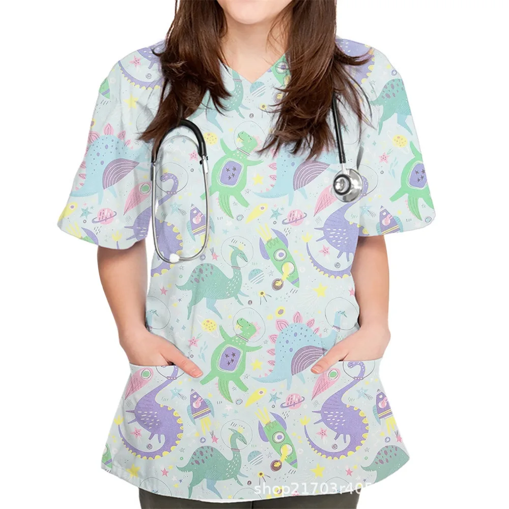 2025 европейская и американская женская униформа для кормления, повседневная защитная рабочая униформа с короткими рукавами и v-образным вырезом с 3D мультяшным принтом