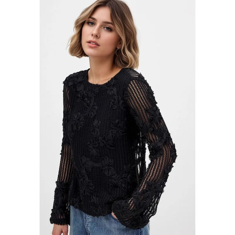 Hollow Out Lace Blouse Tops Long Sleeves Back Lacing O-neck Pullover Jacket Loose 3d Flower Decoration Ladies Clothings Backless