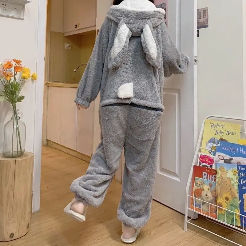 Thickened Coral Fleece Hooded Jumpsuit Pajamas Sleepwear Cute Cartoon Nightwear Pijamas Suit Winter Warm Flannel Home Wear