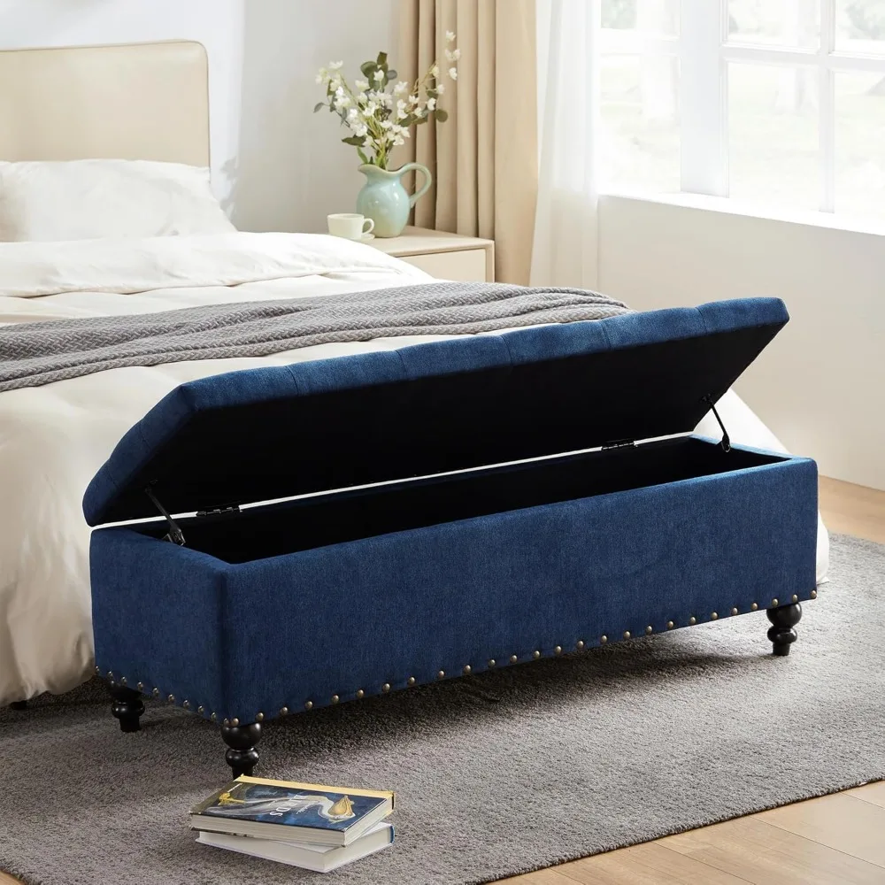 مقعد عثماني للتخزين مقاس 51 بوصة مع صينية قابلة للإزالة، مقعد غرفة نوم مع أزرار معنقدة، مسند بمفصلة أمان في F منجد