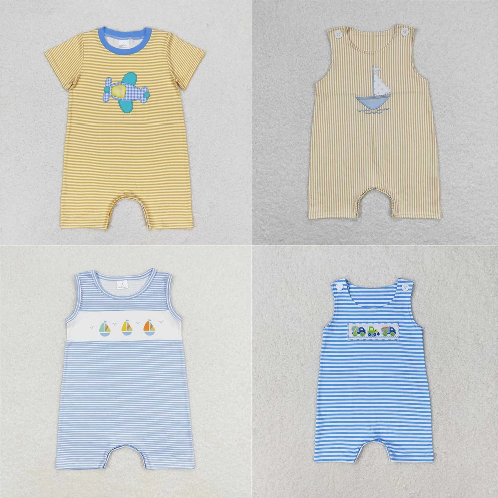 

Wholesale western boutique clothing baby boys newborn toddler clothes Embroidered airplane striped yellow short-sleeved onesies