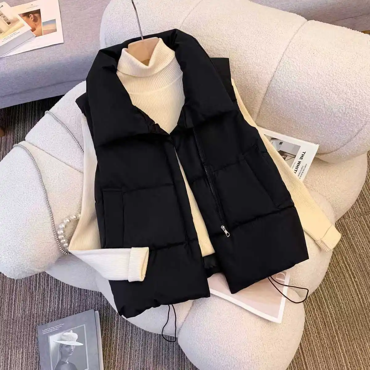 Übergroße Baumwollweste mit Reißverschluss, lockere Damenweste für Herbst und Winter, lässige Weste, ärmellose Kleidung, einfarbige Basic-Jacke, Oberteil – Detail 3