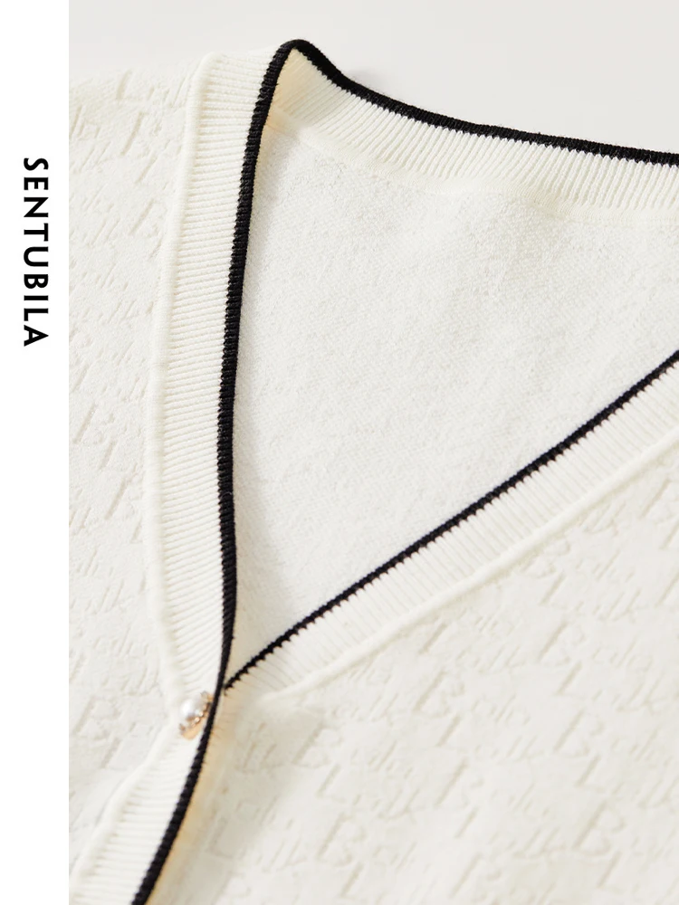 SENTUBILA Women Cotton Knitted Cardigan 2024 Autumn Jacquard Spliced V Neck Metal Button Comt Tops W43E56776