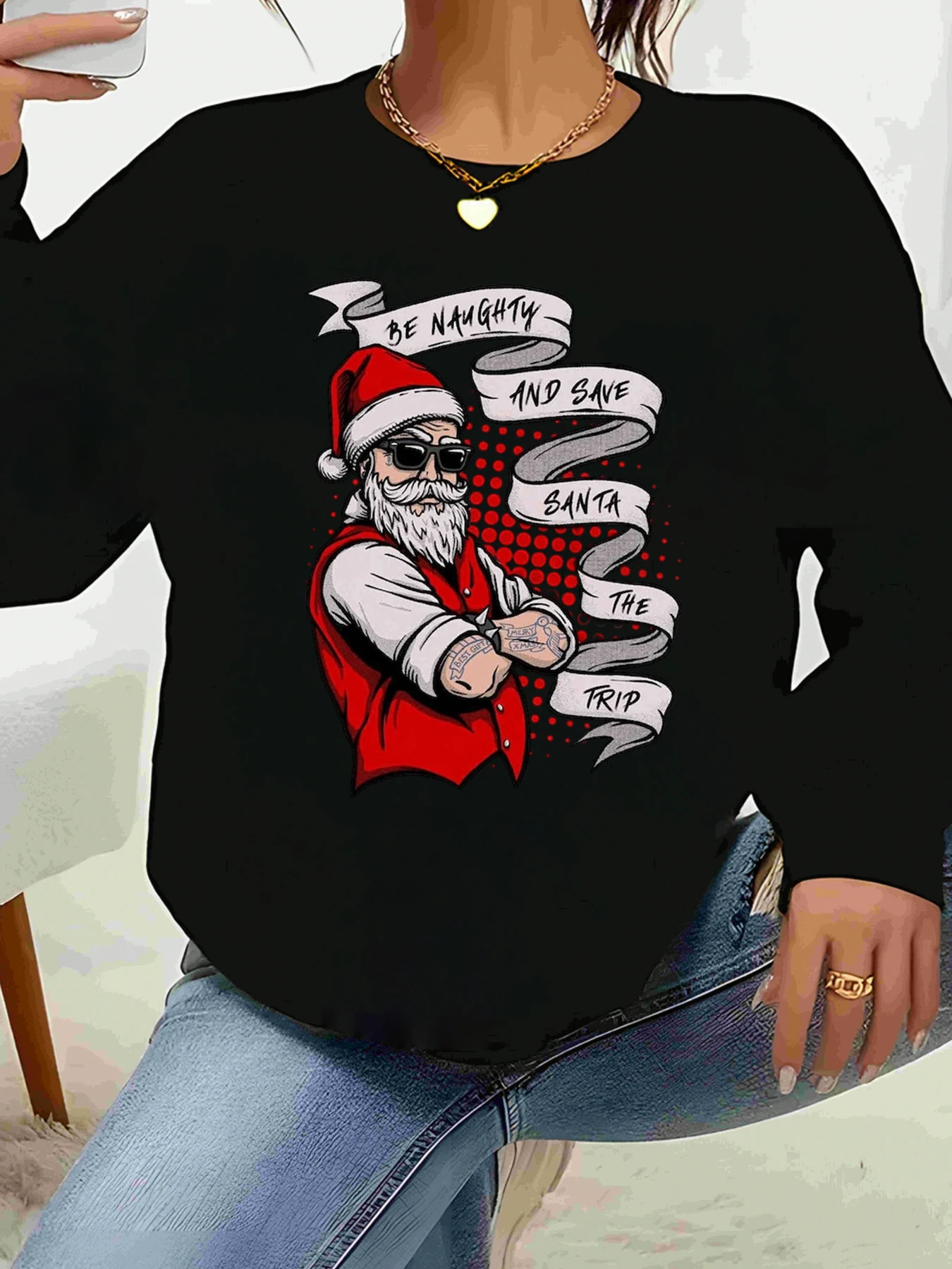 선글라스를 쓴 산타클로스가 장난꾸러기 되어 산타를 구해라 크리스마스 프린트 긴팔 상의 휴일 파티 여성 캐주얼웨어