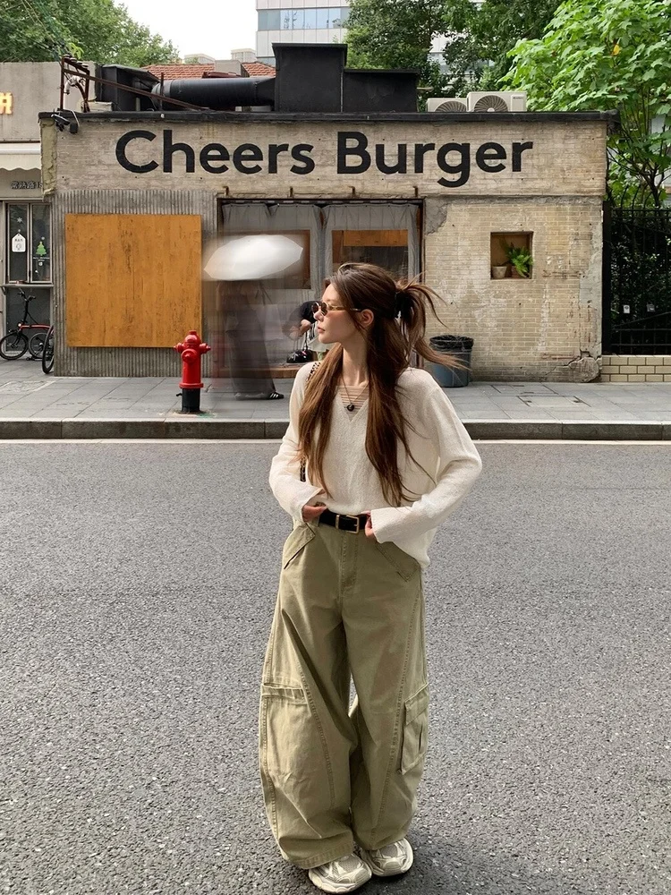 

LANN2025 осенние новые широкие брюки в американском стиле ретро, рабочая одежда, асимметричные уличные длинные брюки для женщин