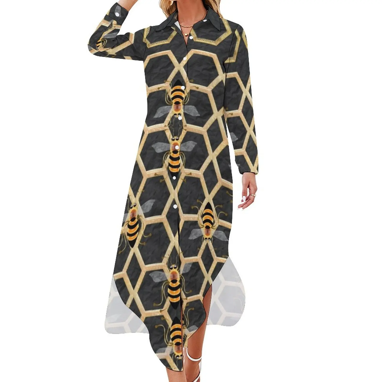 

BEE 141 ON BLACK. Long Sleeved Shirt Dress Elegant gowns Female dress