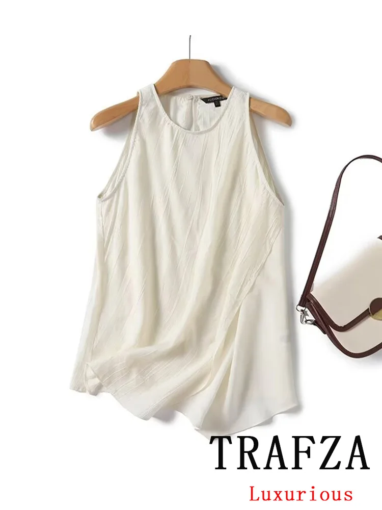 TRAFZA Vintage Casual Chic Women Tops Beige Solid O-Neck Sleeveless Straight Vest New Fashion 2024 Summer Holiday Loose Tops