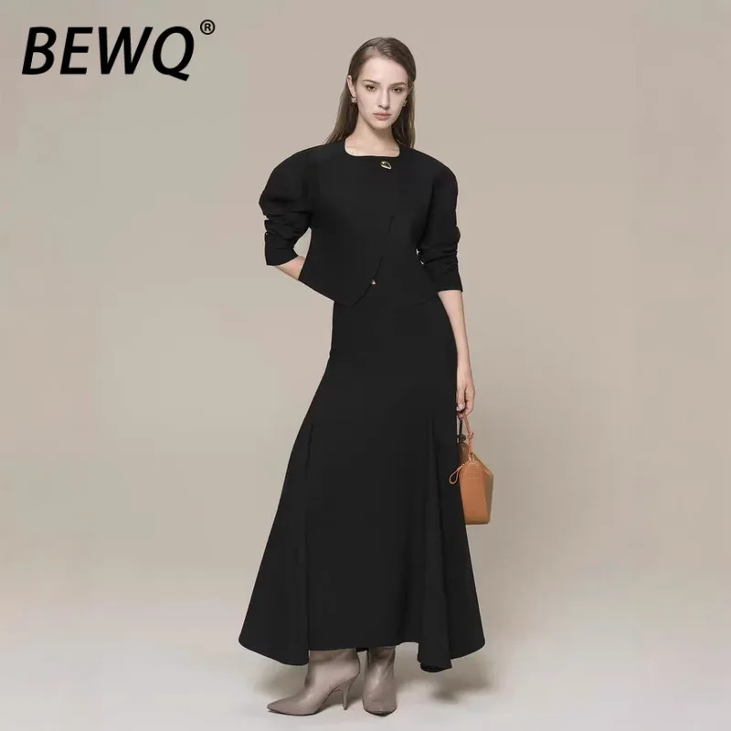 

BEWQ Fashion Women 2 Pcs Set Square Neck Curved Long Sleeve Top Solid Color Slim Fit Flared Skirt Evening Party 2026 Spring New