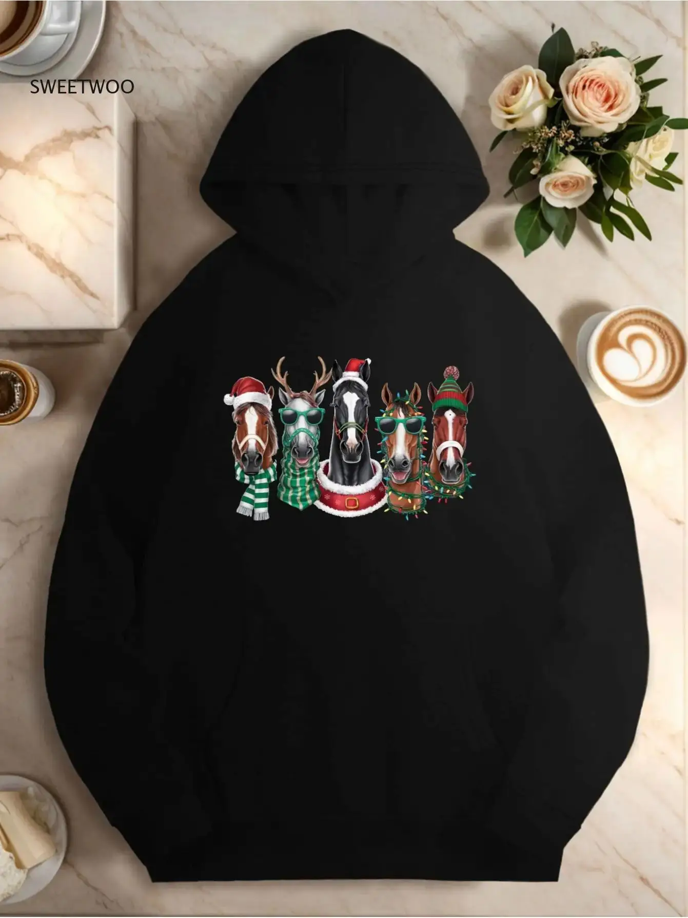 Women's Christmas Horse & Reindeer Geometric - Loose Fit Casual Pullover with Pocket, Festive Winter for Holiday Parties