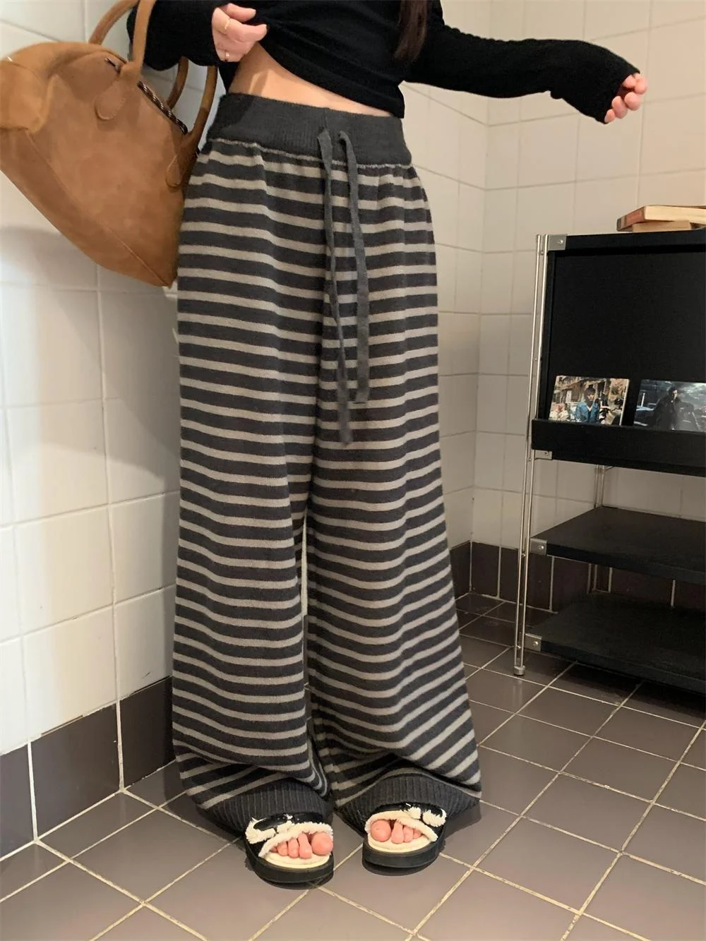 Unikatowe Kolorowe Paski Casualowe Luźne Spodnie z Szerokimi Nogawkami Damskie Jesienno-Zimowe Wygodne Piękne Spodnie z Wysokim Stanem Proste...
