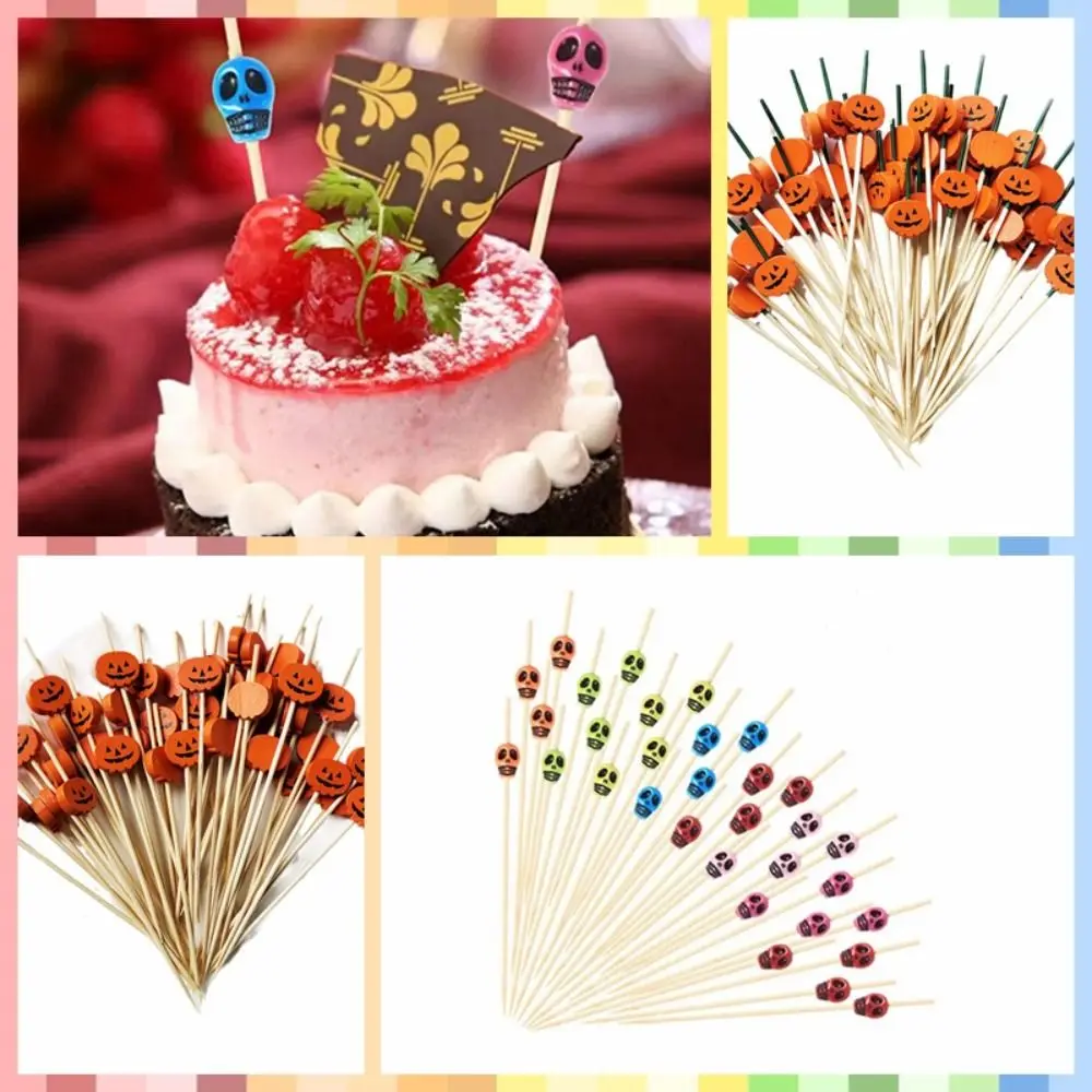 100pcs Natural Material Halloween Pumpkin Bamboo Skewers Smooth Surface Resilient Skull Bamboo Stick Disposable Toothpick