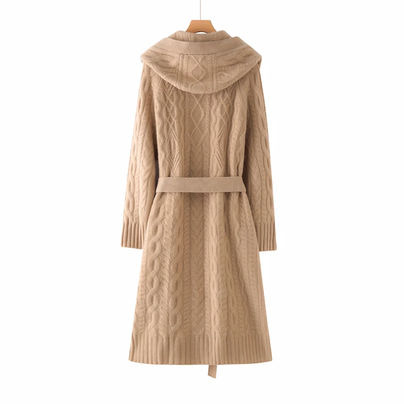Luxury Woman Clothes Autumn Winter High Quality Hooded Long Cardigan Thick Soft Warm 100% Cashmere Knitwear Grace Lazy Overcoat