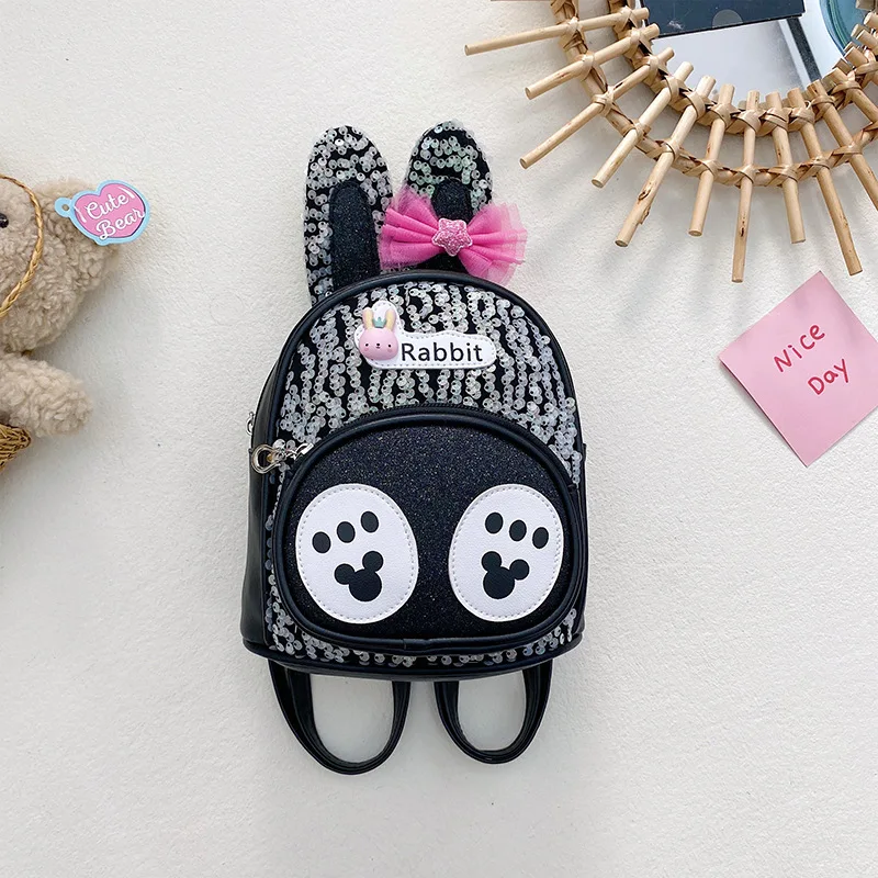New Children\'s Bag With Cute And Fashionable Rabbit Ears PU Glitter Cartoon Children\'s Backpack