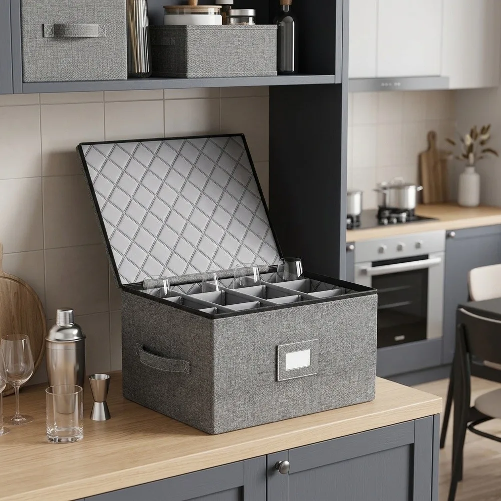 Grey Hard Shell Stackable Wine Glass Storage Box With Dividers Holds 12 Stemware Carrying Case For Home Bar Party Organization