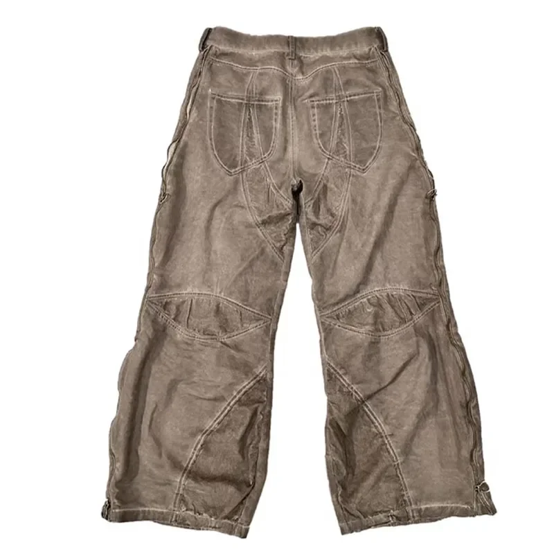 

Waste Soil Dune Style Tie Dyeing Distressed Wide Leg Cargo Pants Men Stereoscopic Cropping Loose Straight Trousers Male