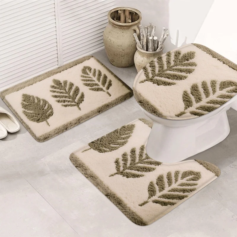 Floral Pattern Bathroom Mat Set, Absorbent U-Shaped Non-Slip Carpet for Toilet and Shower 3PCS