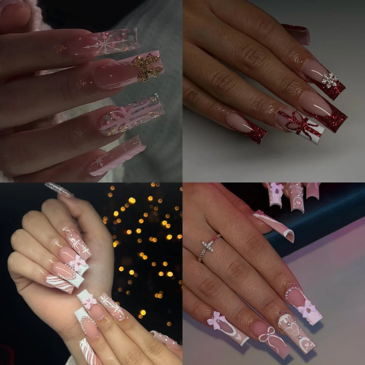 

Christmas Press On Nails Handmade Square Red & Pink Fake Nails, Painting French 3D Snowflake Art Design 10 Pcs Acrylic Nails Kit
