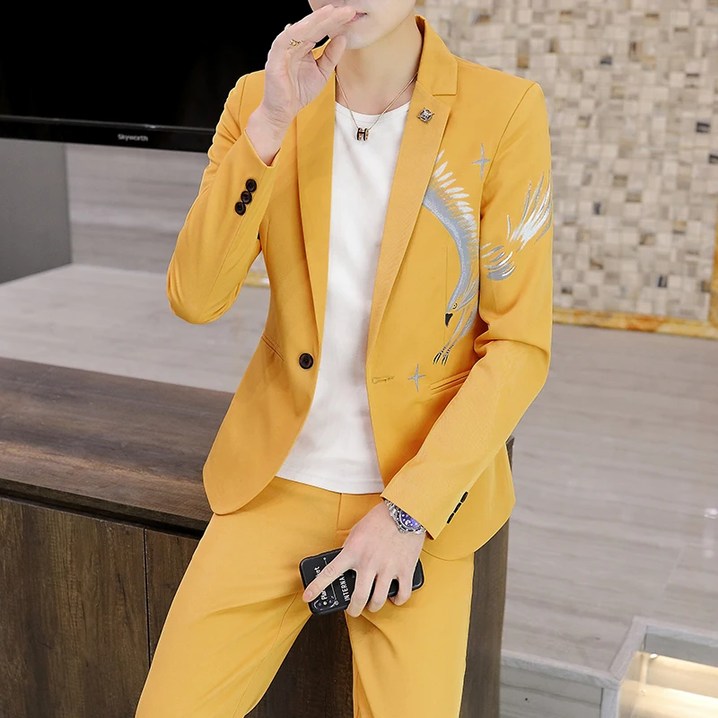 New Men\'s Small Suit Set Korean Version Slim Trend Handsome Matching Color Two-piece Set  Four Seasons  Regular  Smart Casual