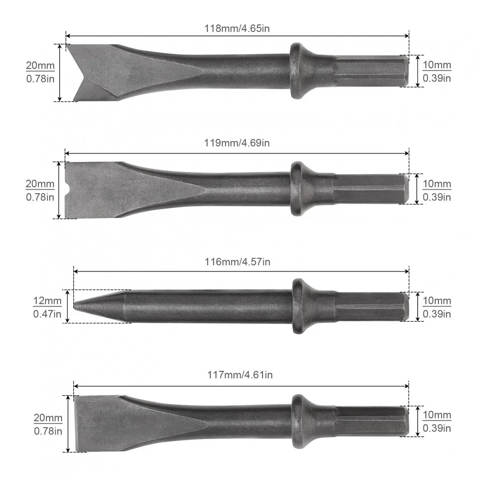 4pcs/set Air Hammer Chisel Set Hexagonal Shank Heavy Duty Air Impact Head for Rusting Removal  Cutting Pneumatic Chisel Set