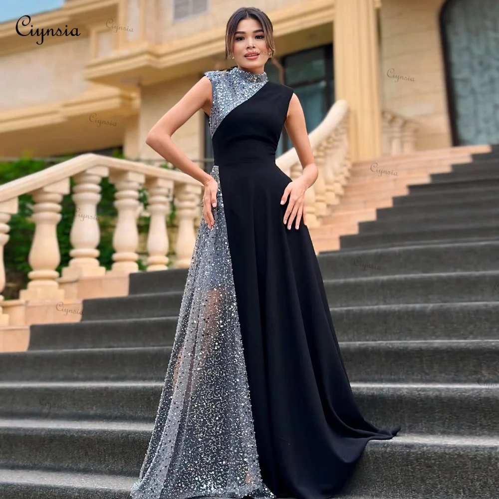 Customized Luxury A-Line Party Prom Dresses 2025 New Sparkling Sequin Satin Vestidos De Noche Black Formal Evening Gowns Long