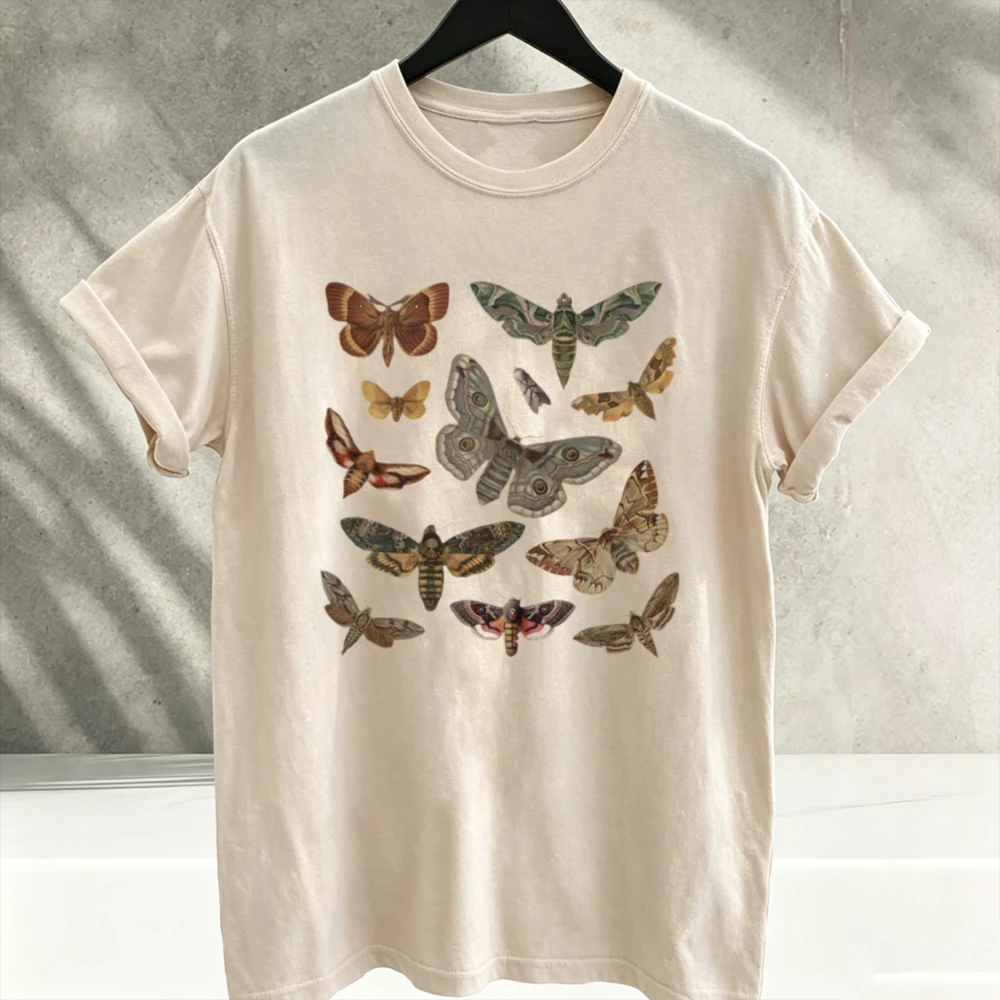 Vintage Moth Natural History Entomology Moth Specimen Printed Cotton T-Shirt Vintage Insect Collection Graphic Short Sleeve Tee