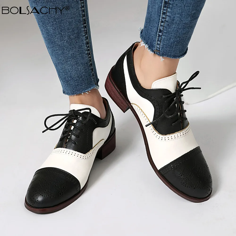 Women Spring Autumn Oxford Shoes Round Toe Black Green Black Lady Lace Up Brogues Loafers Casual Shoes for Women Leather Shoes