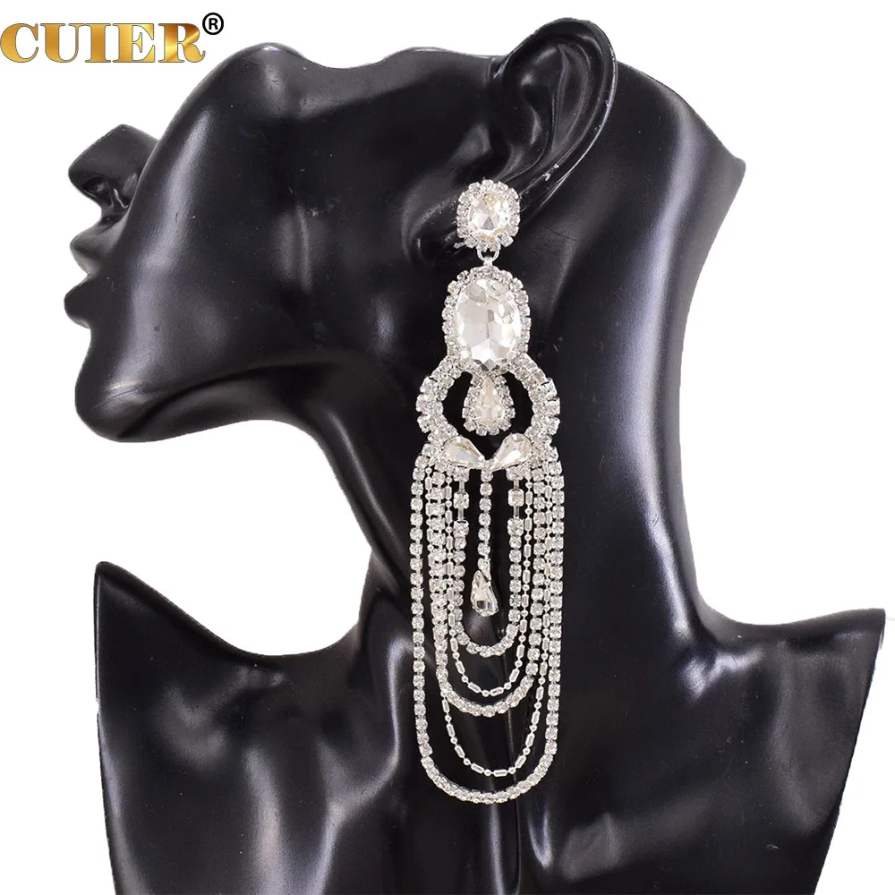 CUIER 12.5CM Crystal Tassel Earrings for Women Long Fringe Rhinestones Jewelry Bridal Gift