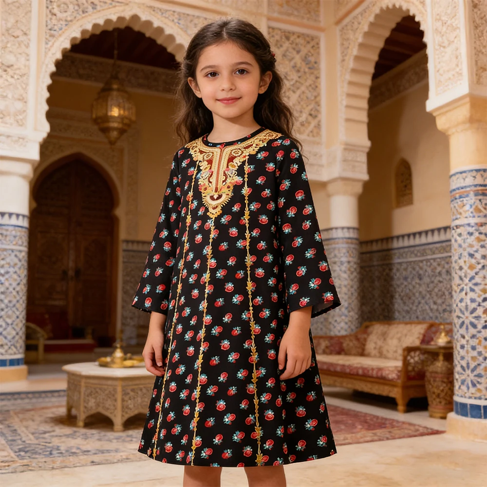 

Floral Print Muslim style Children Dresses Kids Girl Black Long Dress Middle East Formal Costume Girls Birthday Dress 8-12Y