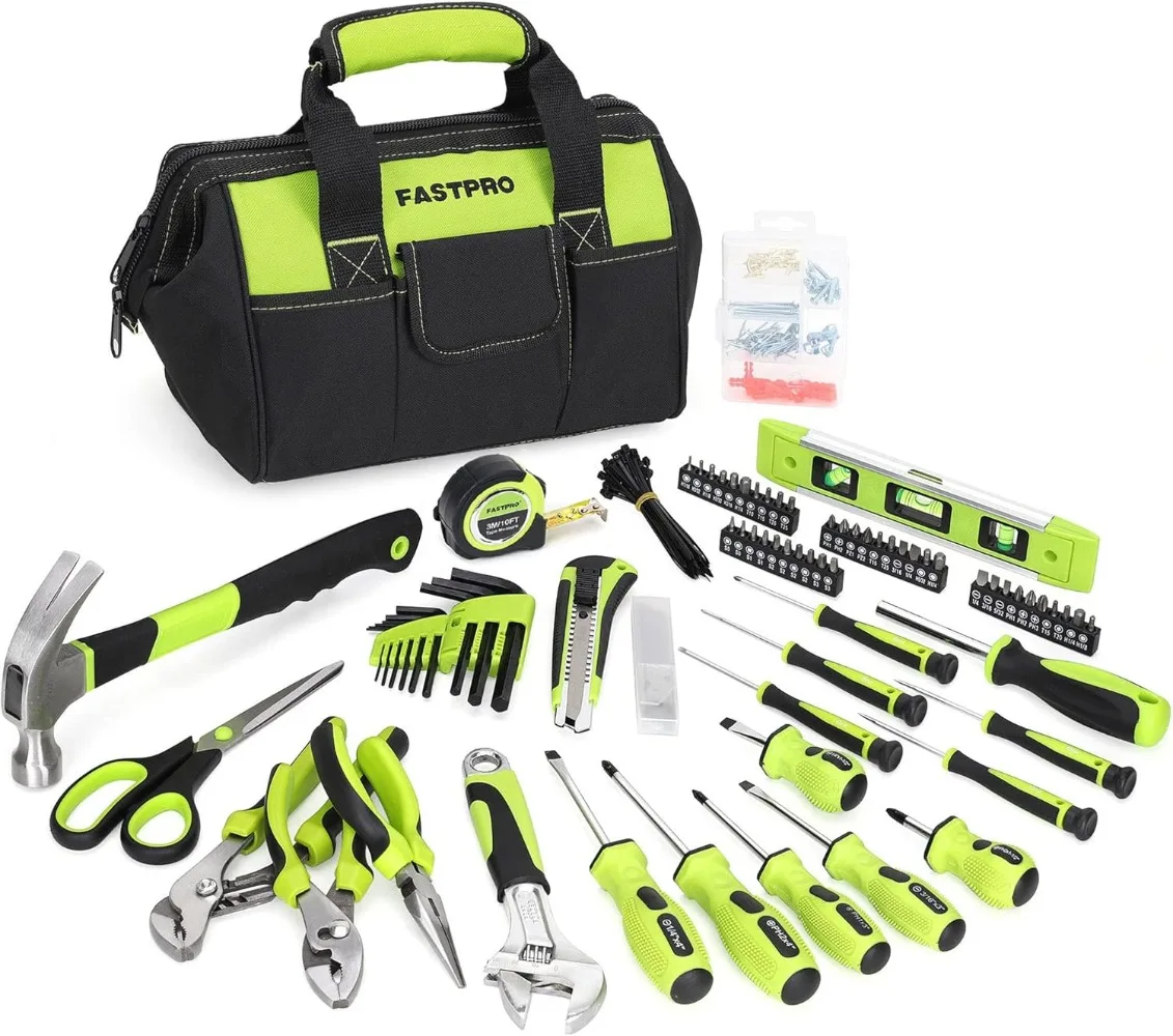 

220-piece Household Tool Kit Repair Tool Kit with 12-inch Wide Mouth Open Storage Kit Green Suitable for Home Use