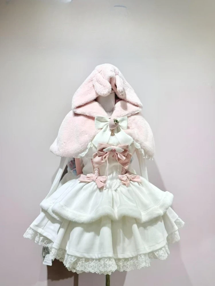 

Japanese Sweet Style Pink Two-Piece Set Women Autumn Winter Cape Coat + Kawaii Puffy Sling Dress Cute Hooded Clothing 2025 New